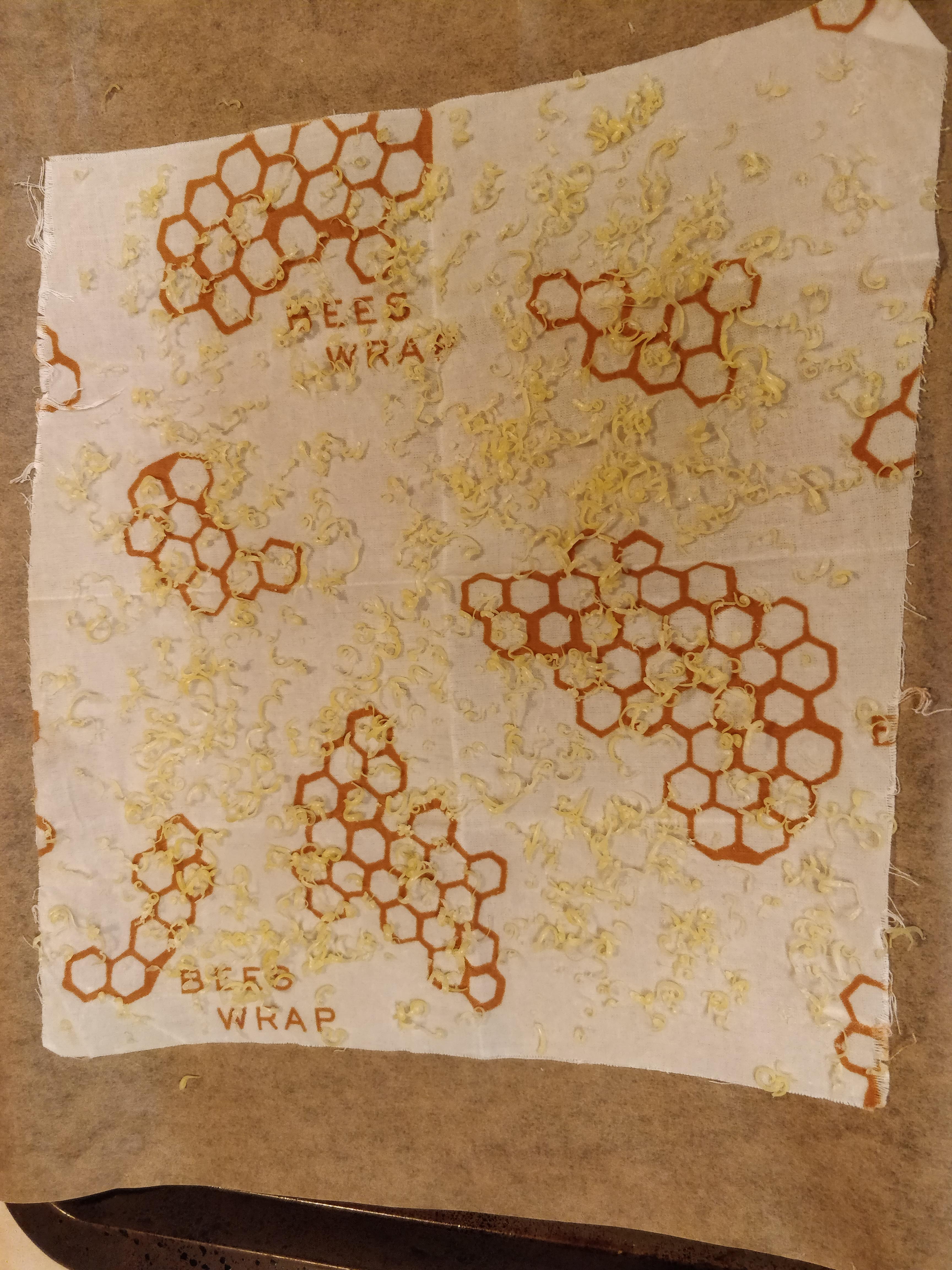 Beeswax grated on the wrap ready to go in the oven.