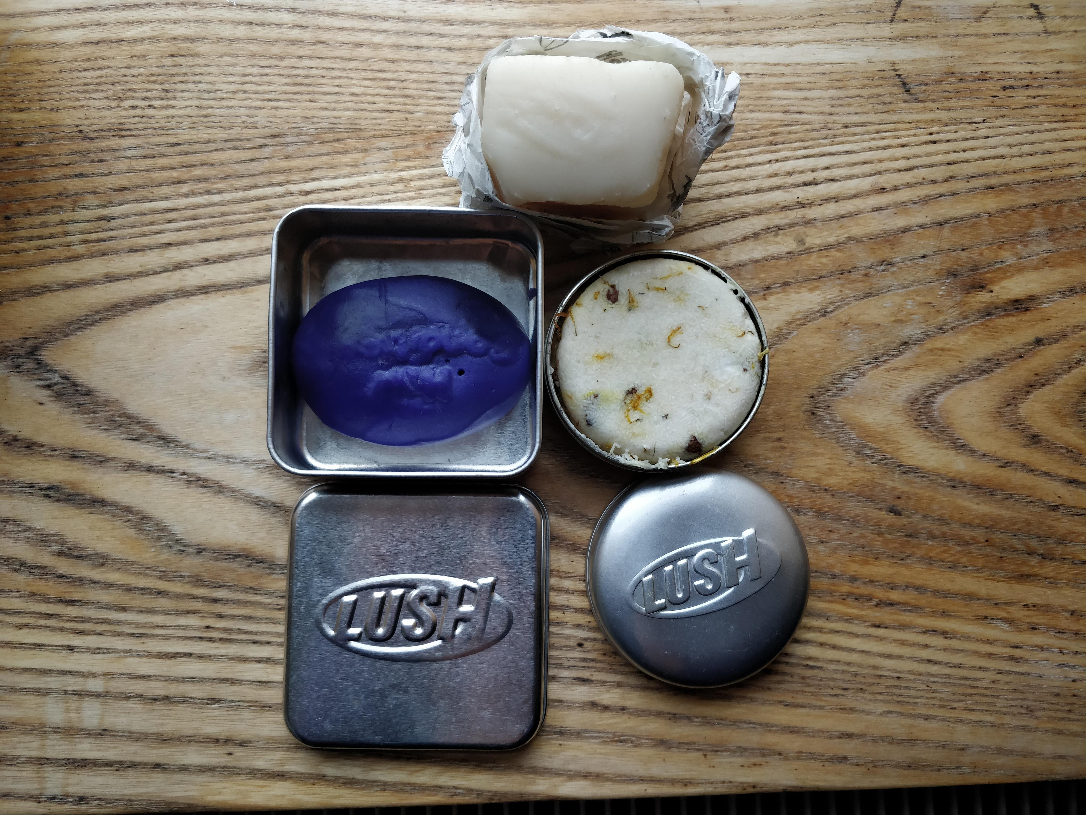 Solid deodorant, shampoo and conditioner from Lush in metal tins